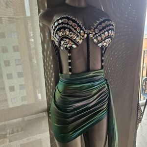 Iridescent Green Dress with Rhinestone Bustier Prom Wedding Birthday